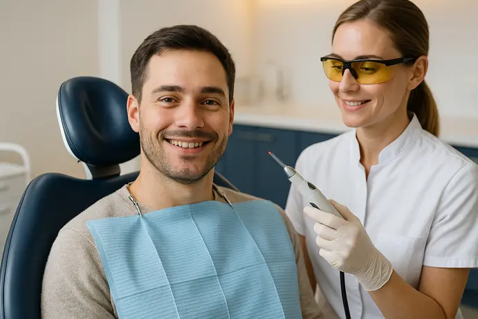 מטופלת מחייכת לאחר טיפול שיניים ללא כאב בלייזר