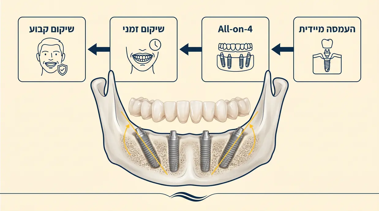 איור רפואי של פרוטוקול All-on-4 עם הדמיית שתלים בלסת