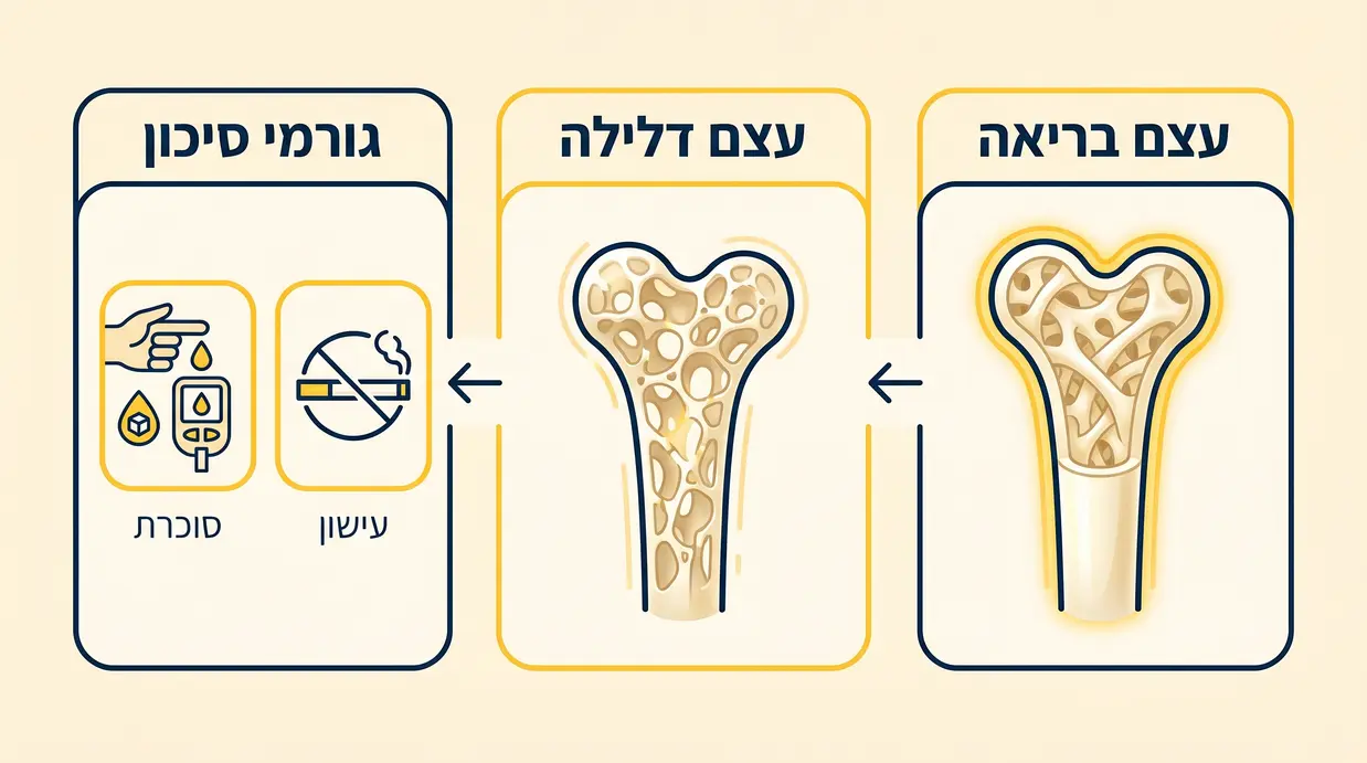 אינפוגרפיקה בעברית המציגה הבדל בין עצם בריאה לעצם דלילה וגורמי סיכון כמו עישון