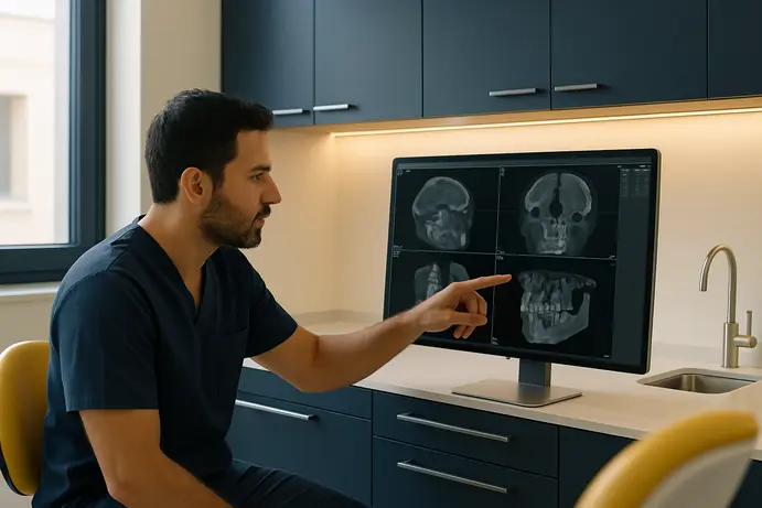 רופא שיניים בוחן צילום תלת ממד CBCT על גבי מסך מחשב במרפאה
