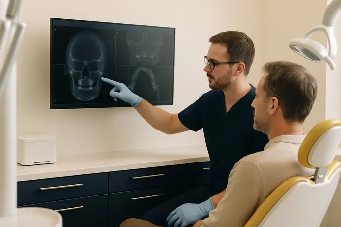רופא שיניים ומטופל מסתכלים על סריקת CBCT תלת ממדית על מסך