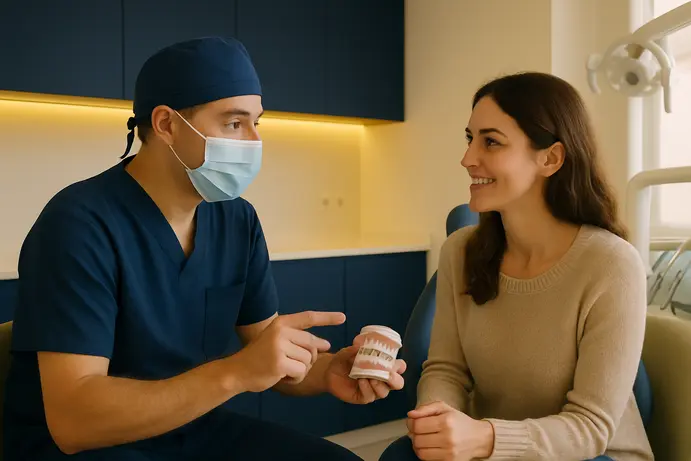 רופא שיניים משוחח עם מטופל בייעוץ אישי במרפאה