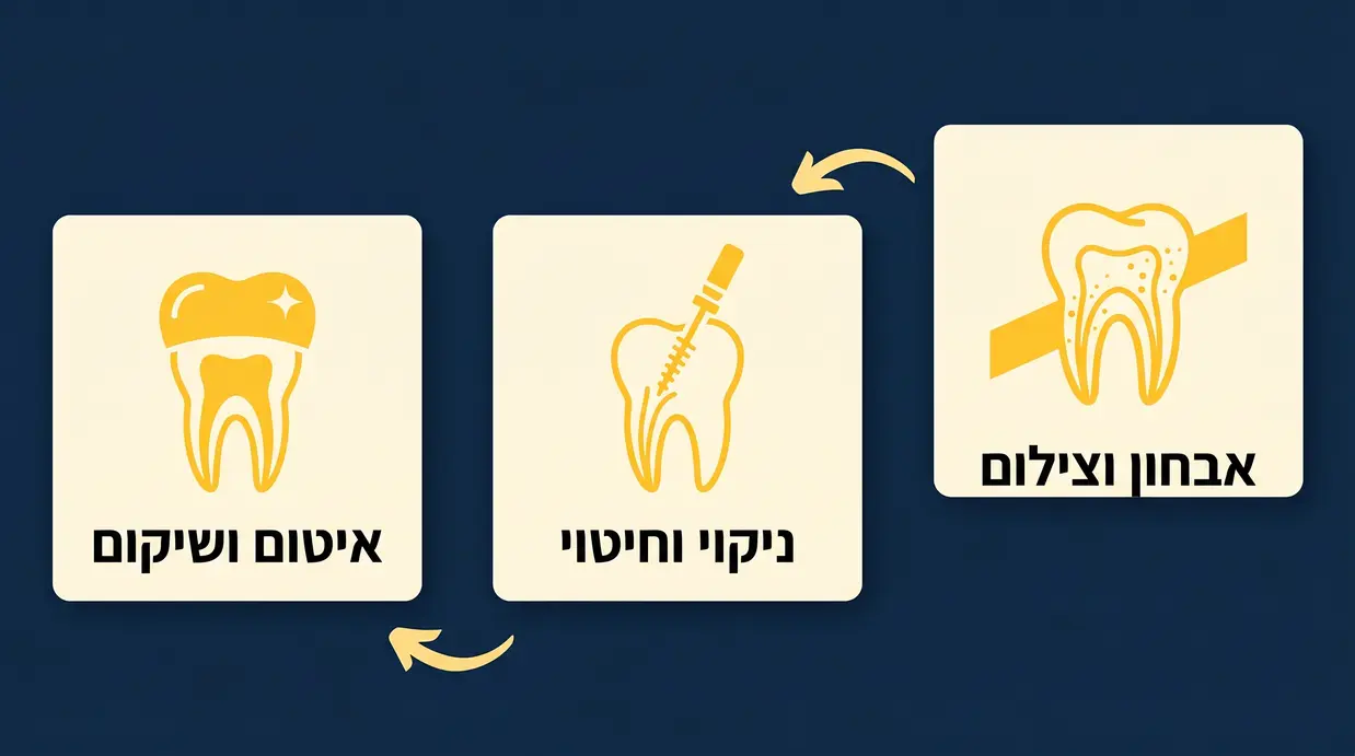 איור אינפוגרפי בעברית המציג את שלבי טיפול השורש בצורה פשוטה וברורה