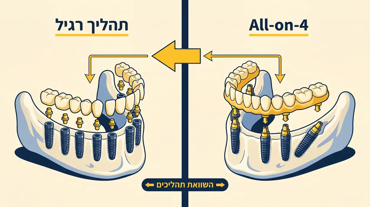 השוואה בין שיטת All-on-4 לתהליך רגיל של שתלים