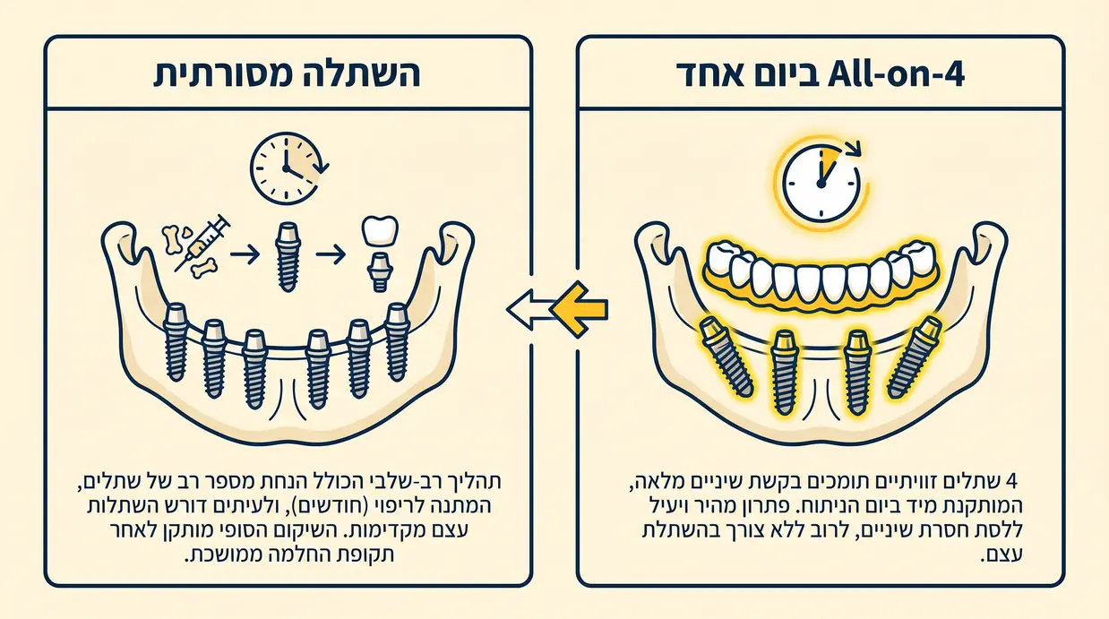 השוואה בין שיטת All-on-4 להשתלה מסורתית