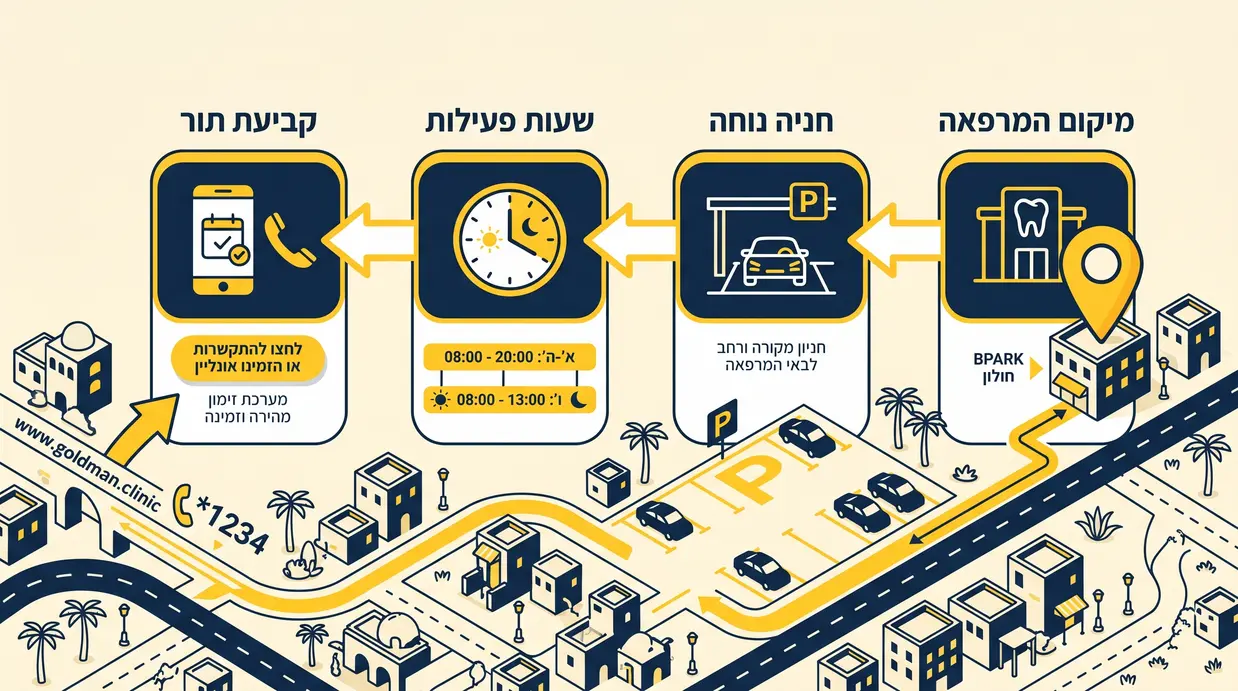 אינפוגרפיקה בעברית המציגה את מיקום המרפאה במתחם BPARK חולון עם מידע שימושי