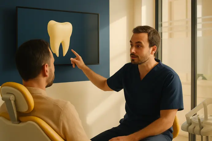 רופא שיניים מסביר למטופל על צילום CBCT על גבי מסך
