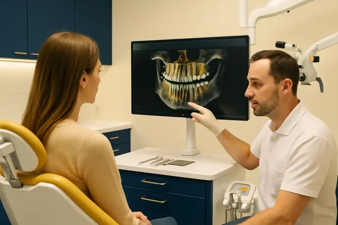 רופא שיניים ומטופל מתבוננים בהדמיית CBCT תלת ממדית על מסך