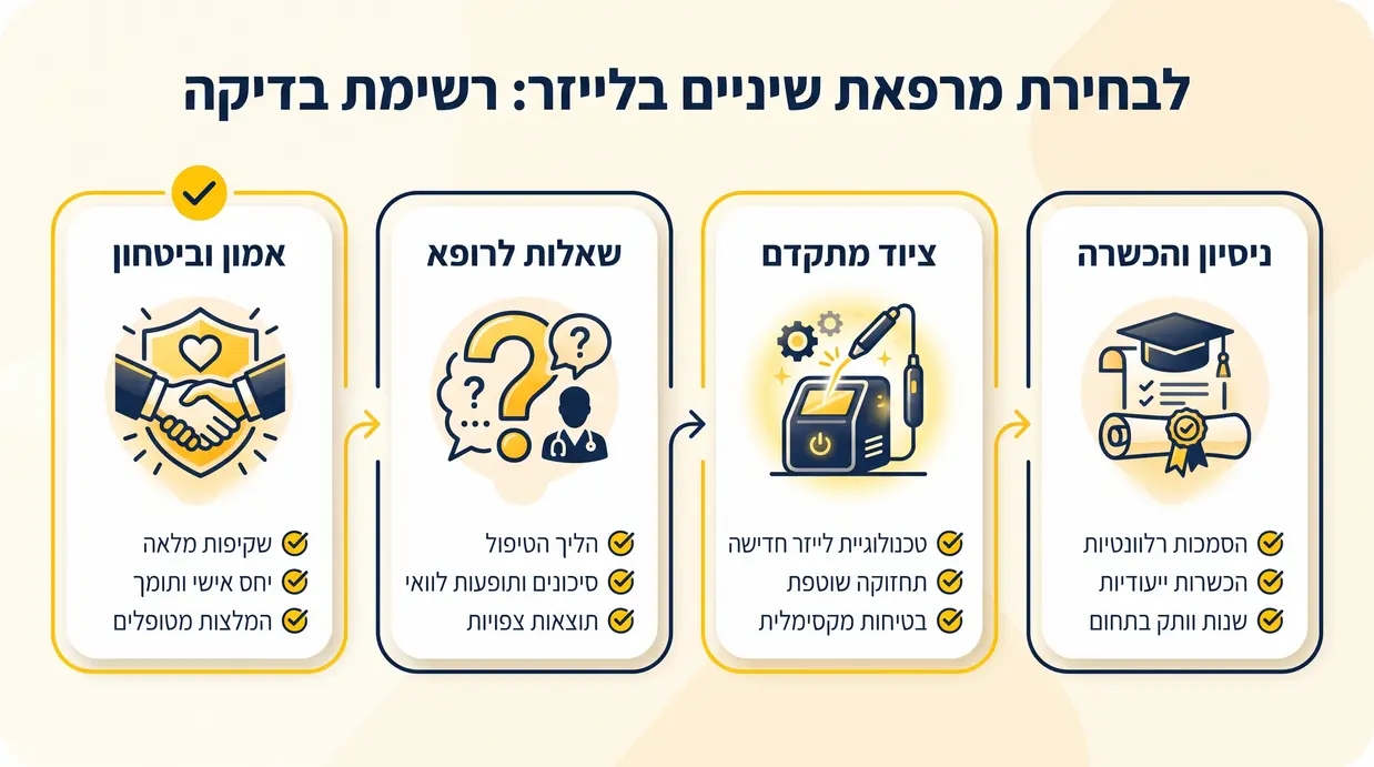 תרשים בעברית המציג רשימת בדיקה לבחירת רופא שיניים בלייזר