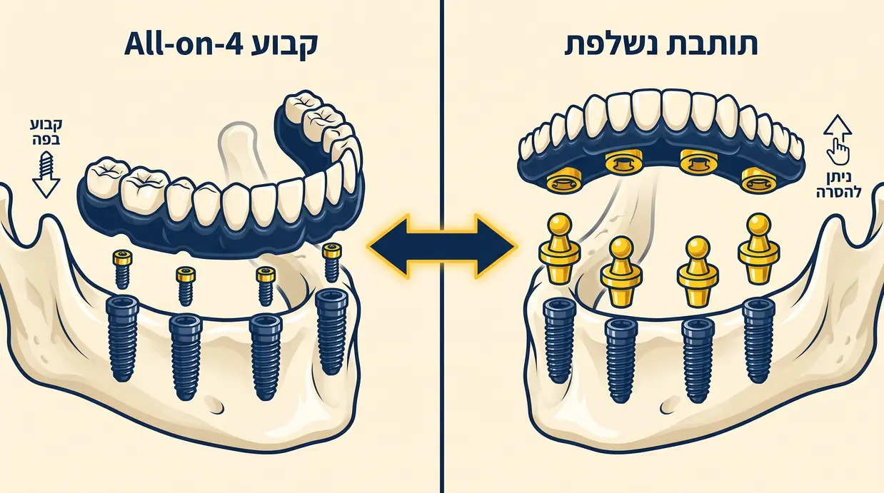 השוואה ויזואלית בין תותבת נשלפת על שתלים לבין גשר קבוע All-on-4