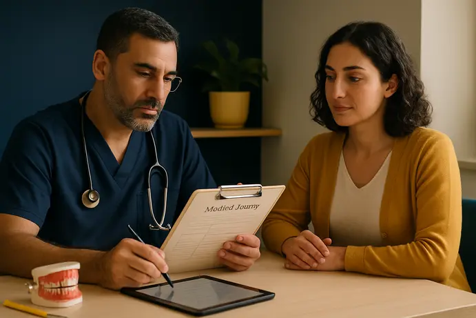 רופא בוחן תיק רפואי של מטופל עם מחלות רקע בחדר ייעוץ