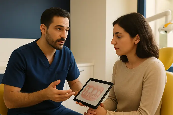 רופא שיניים משוחח עם מטופל על תסמינים בחלל הפה