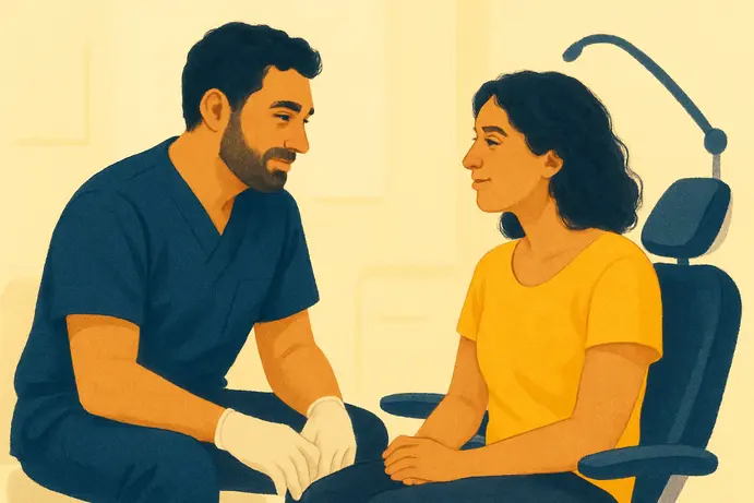 איור של רופא שיניים משוחח ברוגע עם מטופל לפני טיפול בלייזר