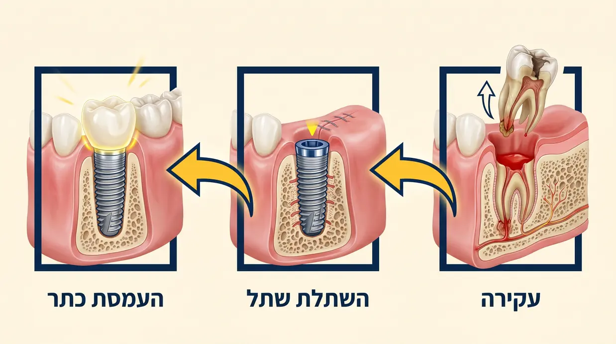 איור של שלבי עקירה והשתלת שן ביום אחד