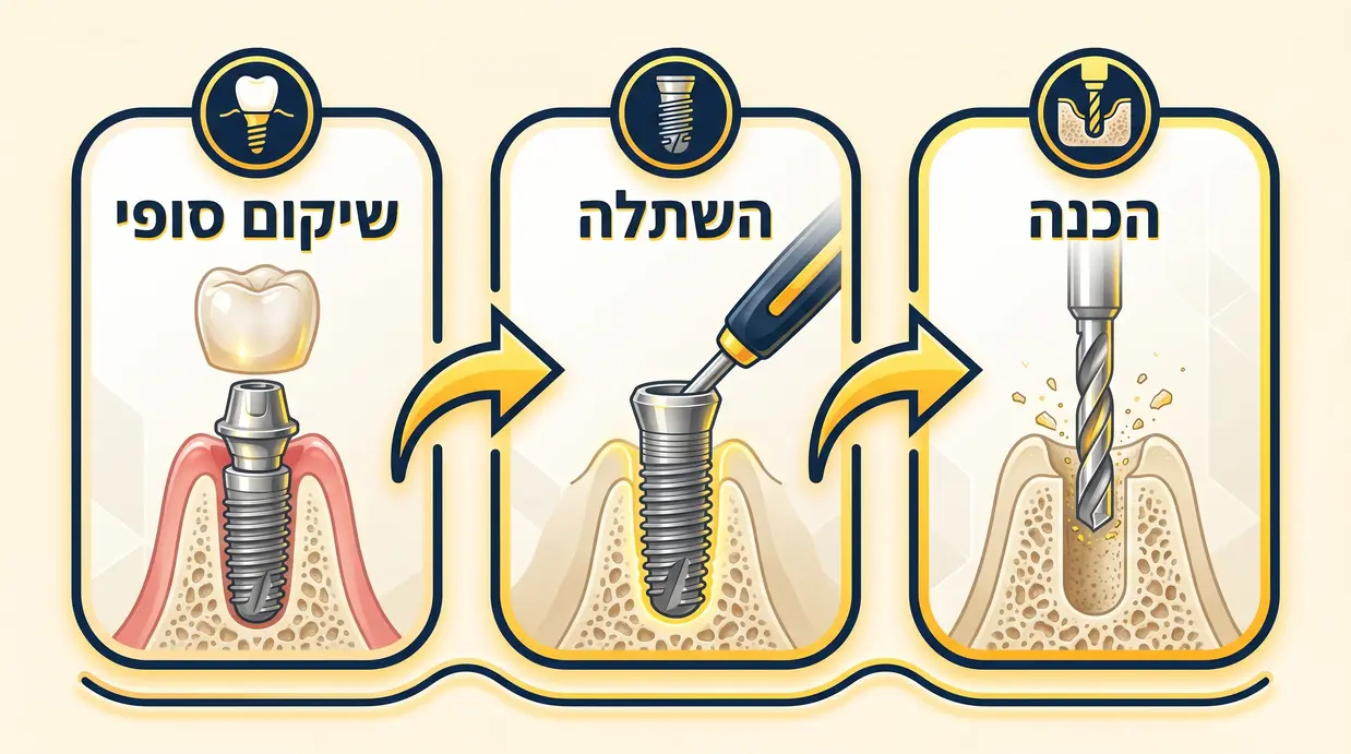 תרשים בעברית של שלבי השתלת שיניים ושיקום הפה