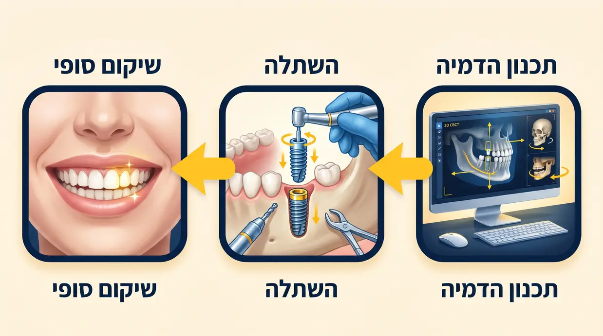תרשים תהליך השתלת שיניים במרפאה – מהתכנון ועד השיקום הסופי