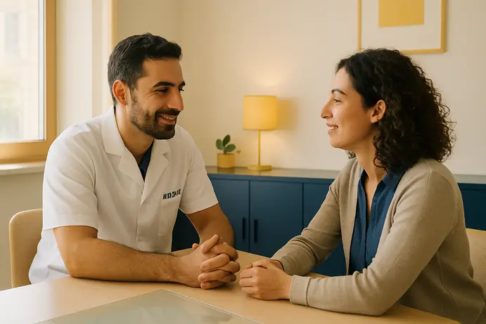 רופא שיניים משוחח עם מטופל בגובה העיניים באווירה רגועה