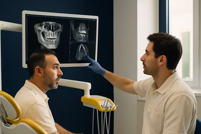 רופא מומחה מציג למטופלת הדמיית פה תלת ממדית על מסך