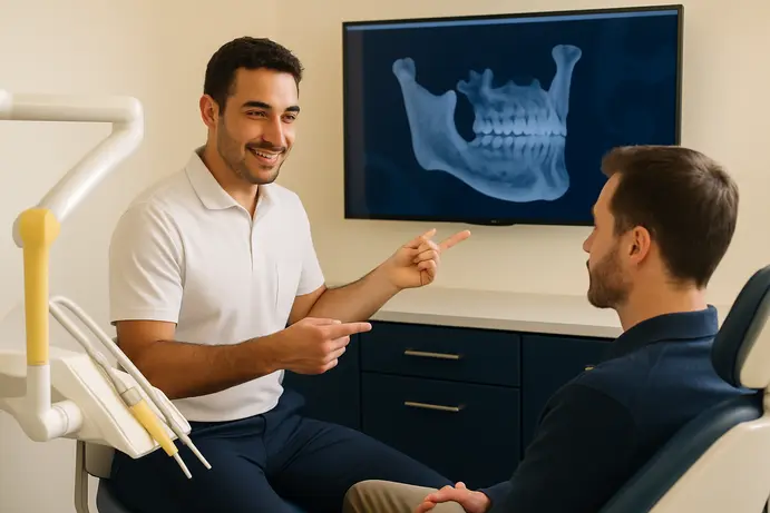 רופא שיניים מסביר למטופל על סריקת תלת ממד של הלסת