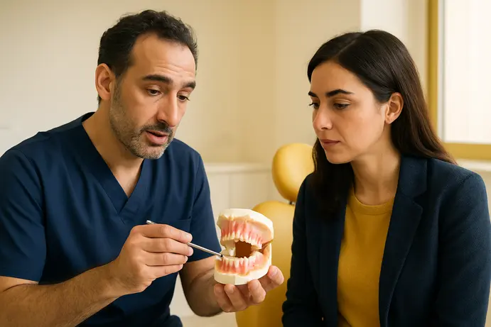 רופא מסביר למטופל על מודל של הלסת במרפאה מודרנית