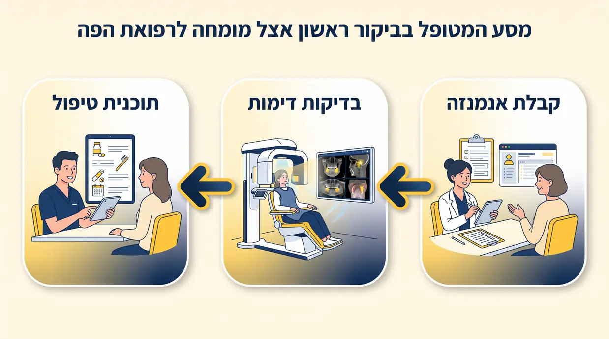 אינפוגרפיקה של שלבי הביקור הראשון אצל מומחה לרפואת הפה