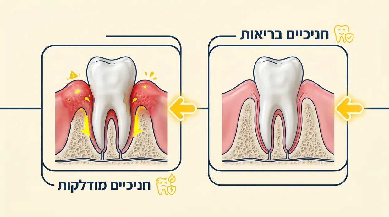 השוואה בין חניכיים בריאות לחניכיים מודלקות באיור רפואי נקי
