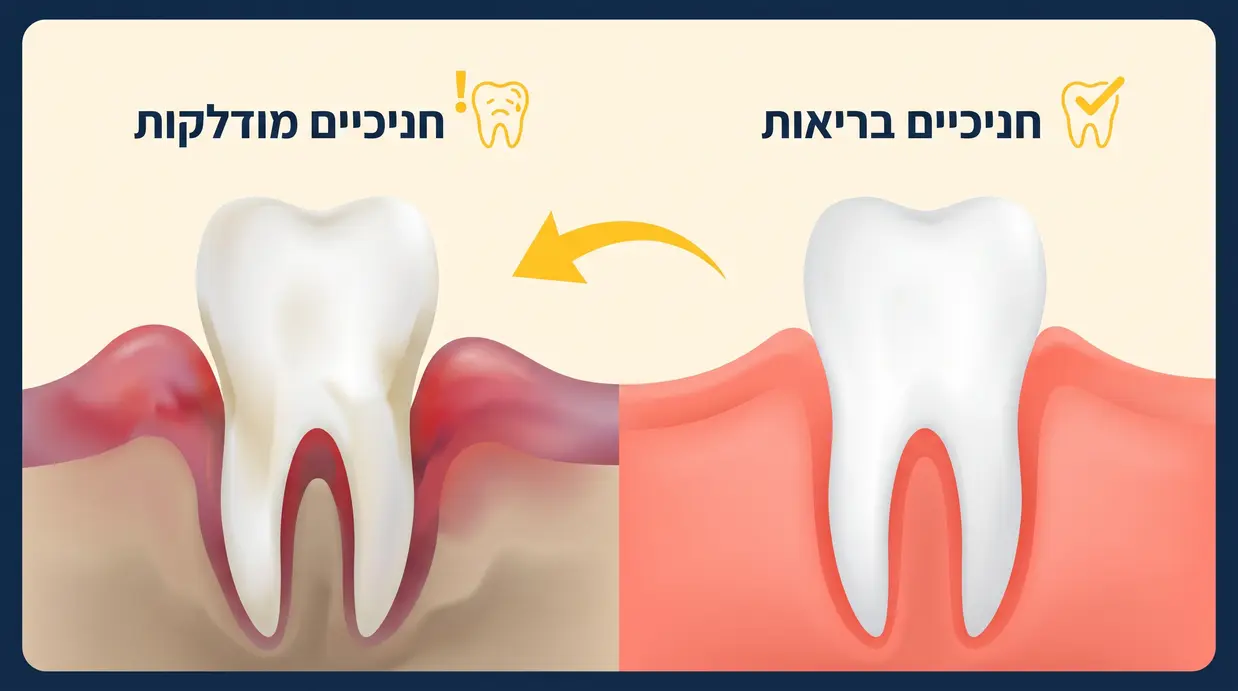 השוואה בין חניכיים בריאות לחניכיים מודלקות באיור רפואי ברור