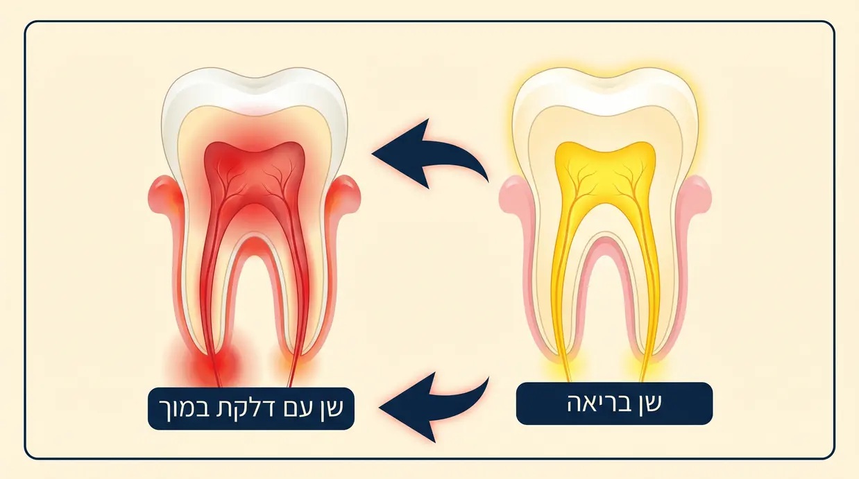 איור רפואי המשווה בין שן בריאה לשן עם דלקת במוך השן