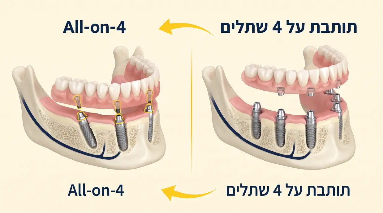 השוואה בין תותבת על 4 שתלים לגשר קבוע All-on-4