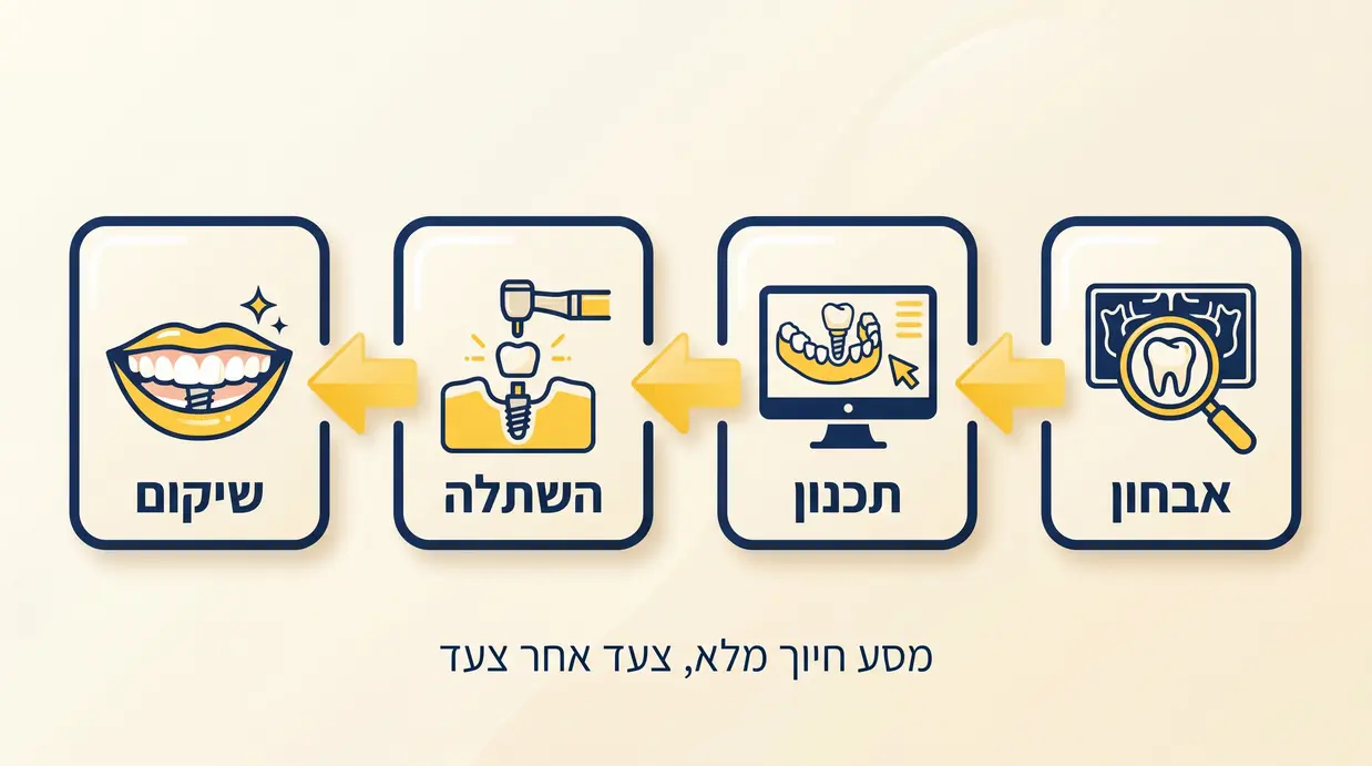 תרשים תהליך השתלת שיניים ושיקום הפה בשלבים