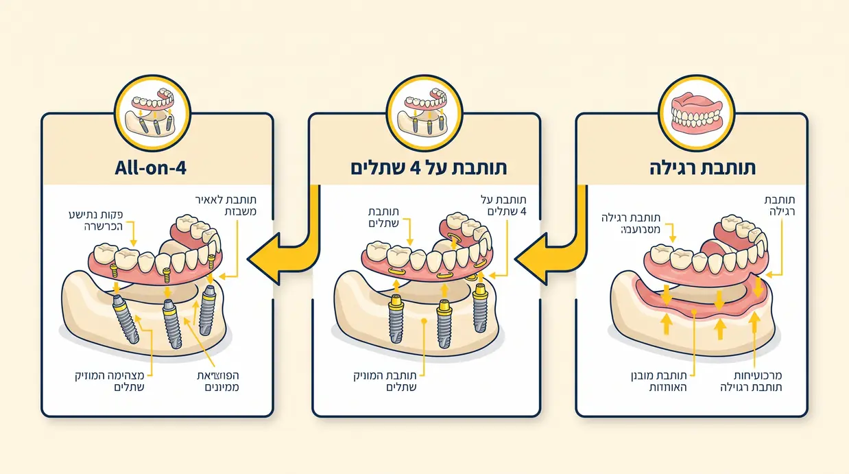 איור המשווה בין תותבת רגילה, תותבת על שתלים ו-All-on-4