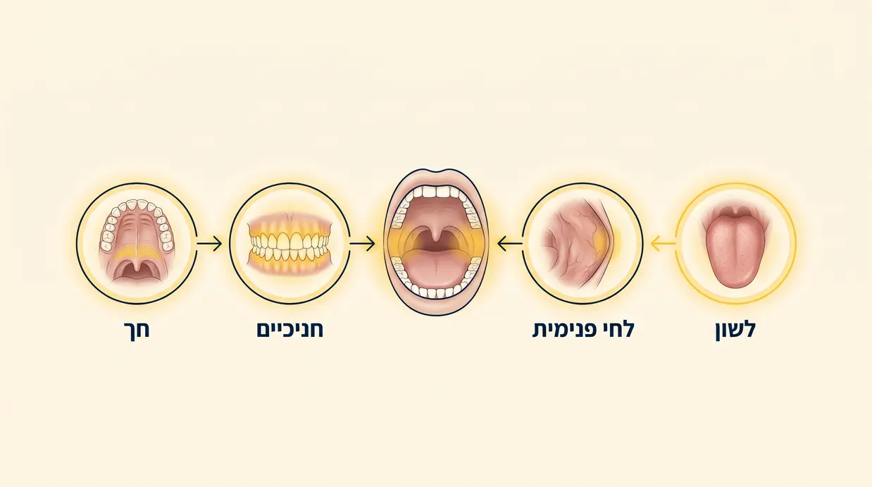 איור רפואי בעברית המציג אזורים שכיחים לנגעים בחלל הפה