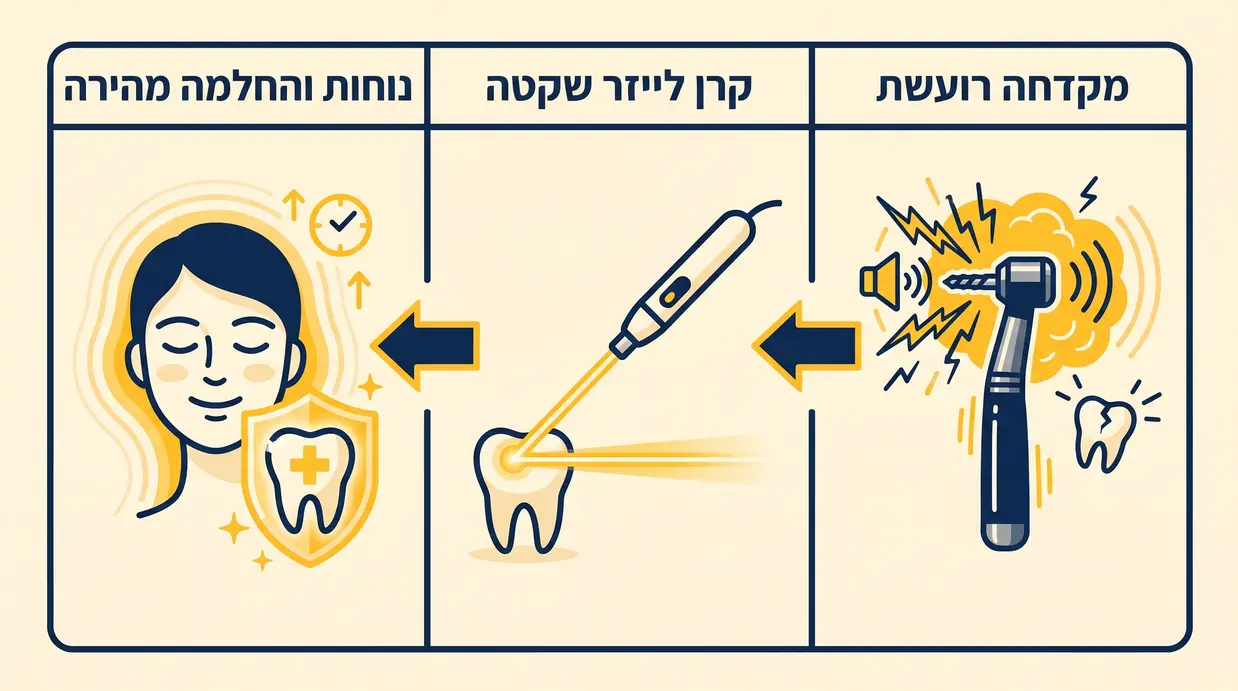 השוואה גרפית בעברית בין טיפול במקדחה רועשת לבין טיפול בלייזר שקט