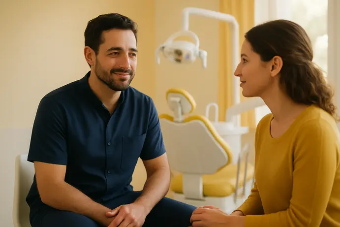 רופא שיניים משוחח עם מטופלת בחיוך במרפאה מודרנית