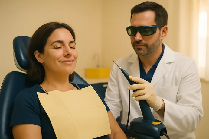 מטופלת רגועה מחייכת בכיסא רופא שיניים במהלך טיפול לייזר