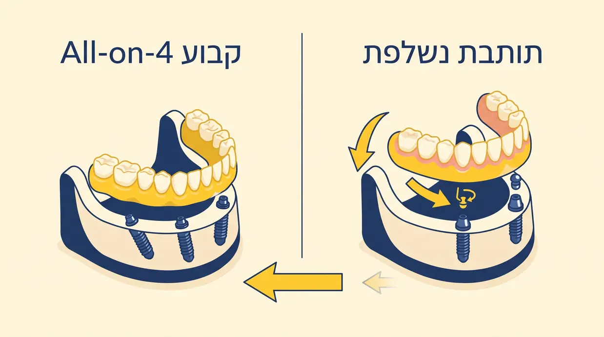 השוואה ויזואלית בין תותבת נשלפת לפתרון קבוע על ארבעה שתלים