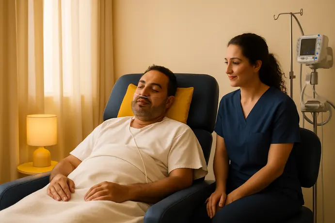 מטופל נח בכורסה נוחה בחדר התאוששות מואר ונעים לאחר טיפול שיניים