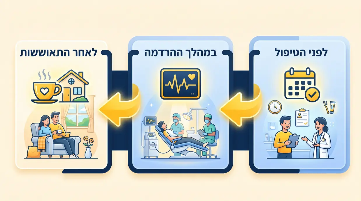 איור של שלבי יום טיפול שיניים בהרדמה מלאה