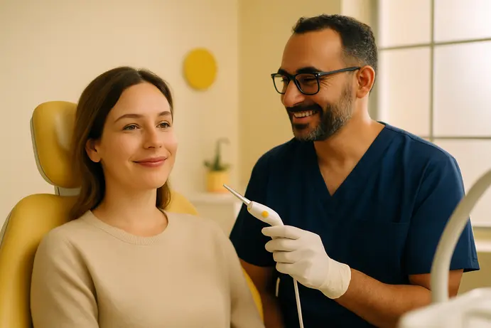 מטופלת רגועה מחייכת בכיסא טיפולי שיניים במרפאה מודרנית
