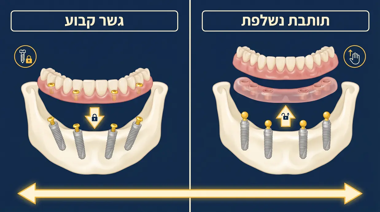 השוואה ויזואלית בין תותבת נשלפת על שתלים לבין גשר קבוע All-on-4