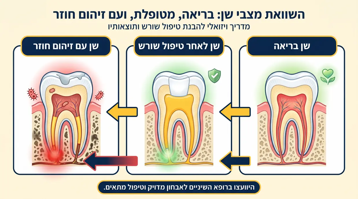 איור רפואי המציג הבדל בין שן בריאה, שן שטופלה ושן עם זיהום חוזר