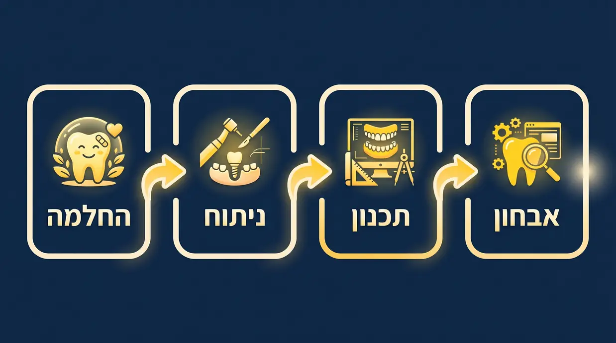 תרשים בעברית המציג את שלבי הטיפול הכירורגי ברפואת שיניים