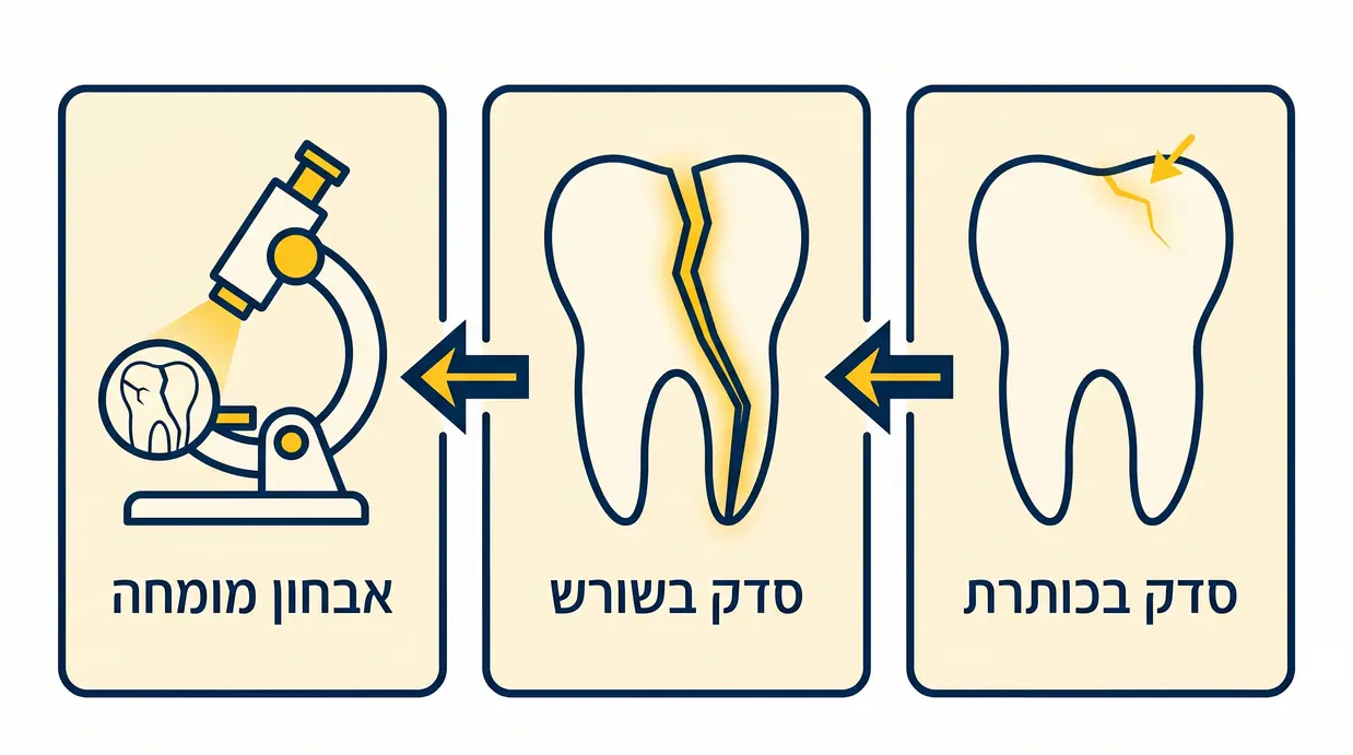 איור המסביר את ההבדל בין סדק בכותרת השן לסדק בשורש