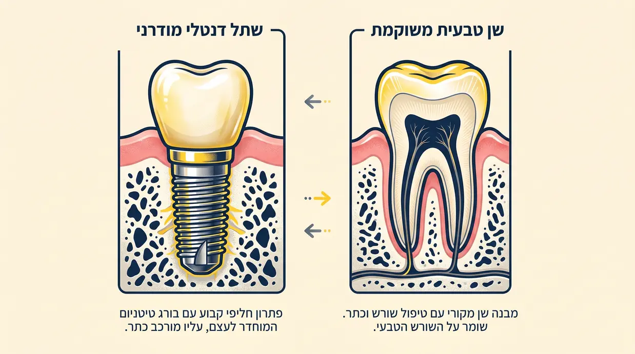 השוואה בין שן טבעית משוקמת לשתל דנטלי מודרני