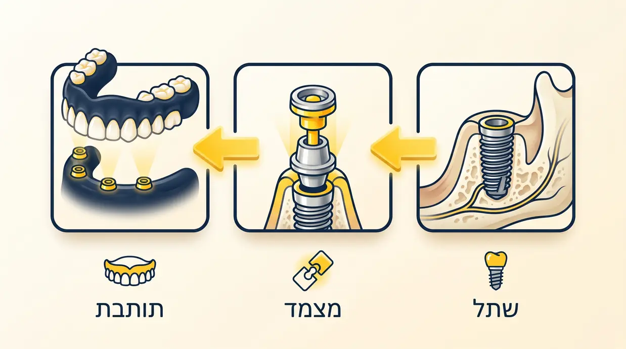 אינפוגרפיקה בעברית המציגה את שלושת מרכיבי התותבת על 4 שתלים