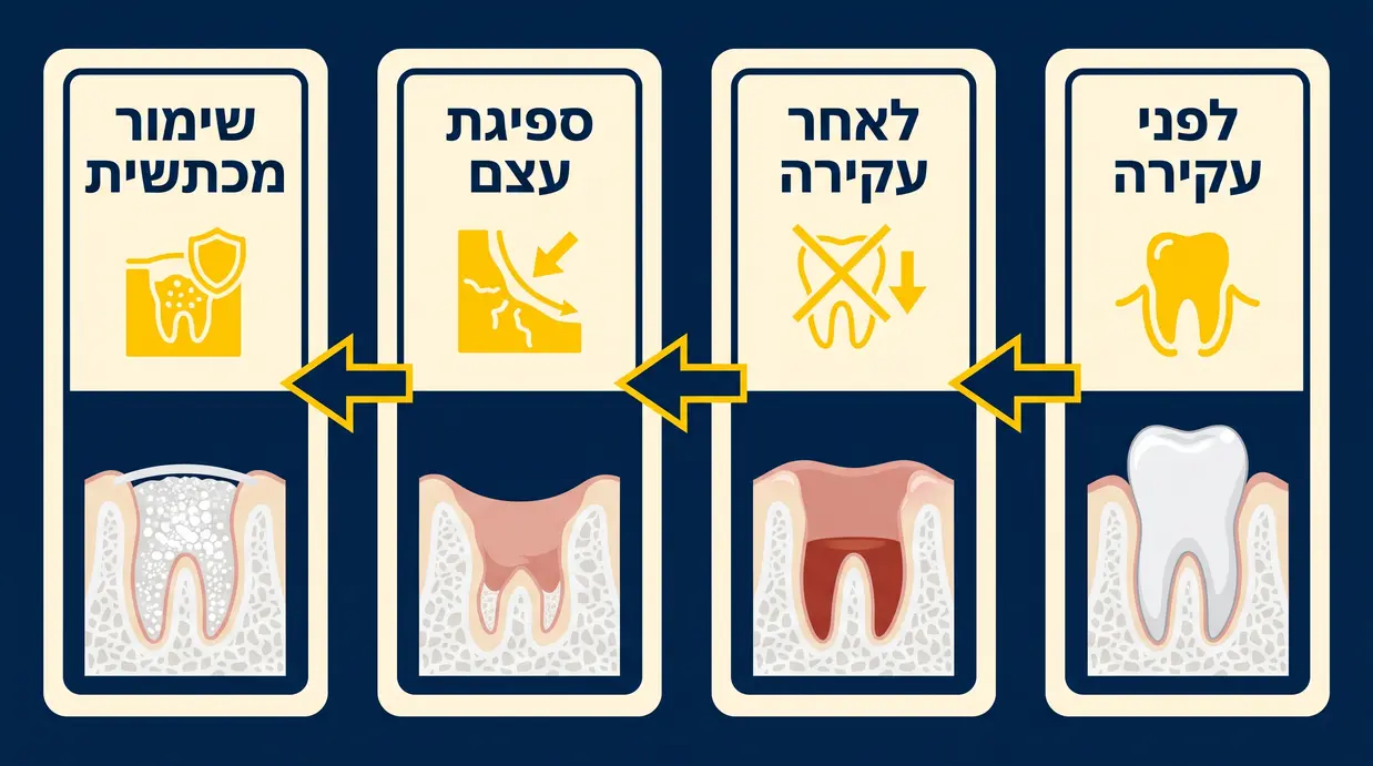 אינפוגרפיקה בעברית המדגימה ספיגת עצם לאחר עקירת שן וההשפעה של שימור מכתשית