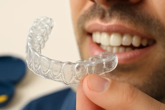 תקריב של קשתית שקופה Invisalign מוחזקת ביד לפני הרכבה על שיניים נקיות