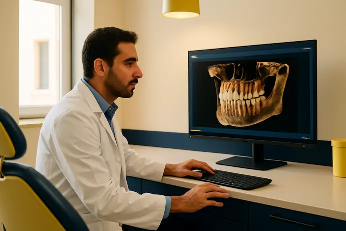 רופא שיניים בוחן צילום CBCT תלת־ממדי על מסך במרפאה מודרנית כחלק מהערכת סיכונים ושיקולים קליניים