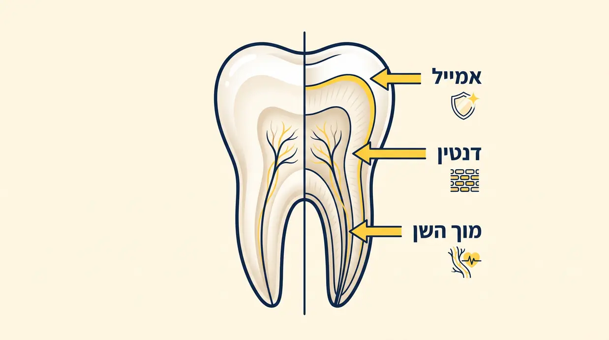 תרשים של שכבות השן אמייל ודנטין בעברית