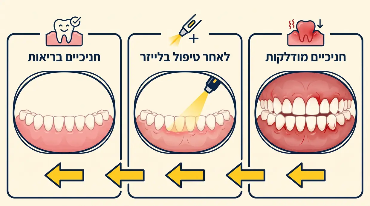 אינפוגרפיקה המשווה בין חניכיים מודלקות לבין חניכיים בריאות לאחר טיפול בלייזר